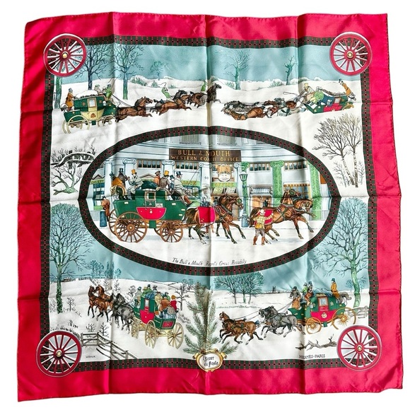 Hermes 100% Silk Red “The Bull & Mouth Regent’s Circus Picadilly” Square Scarf - Picture 1 of 14